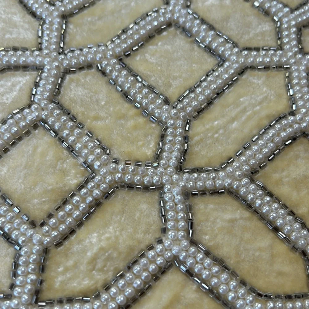 Artistic Accents 14”x24” accent pillow with silver beads and white pearl beads.